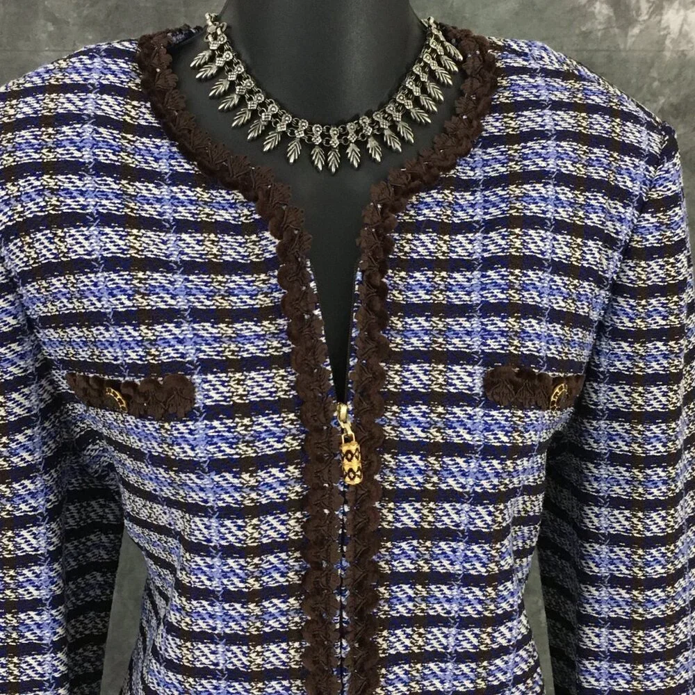 BEAUTIFUL St John collection knit blue brown multi jacket skirt suit size 8 - Picture 5 of 10
